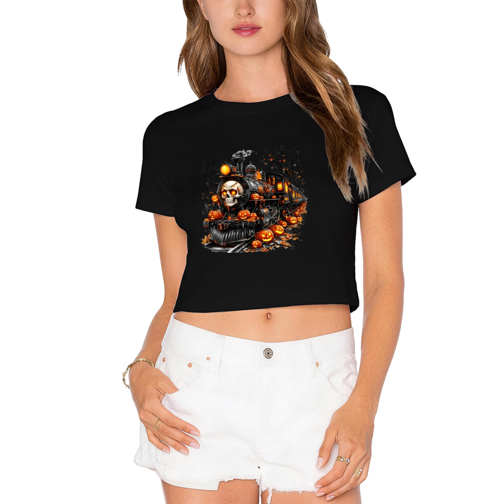 Spooky Skull Ghost Train Halloween Pumpkin Cropped Tee product image 1