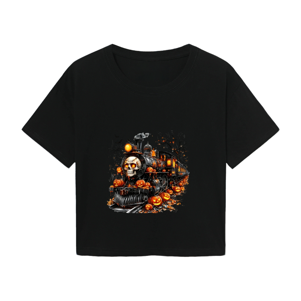 Spooky Skull Ghost Train Halloween Pumpkin Cropped Tee product image 2