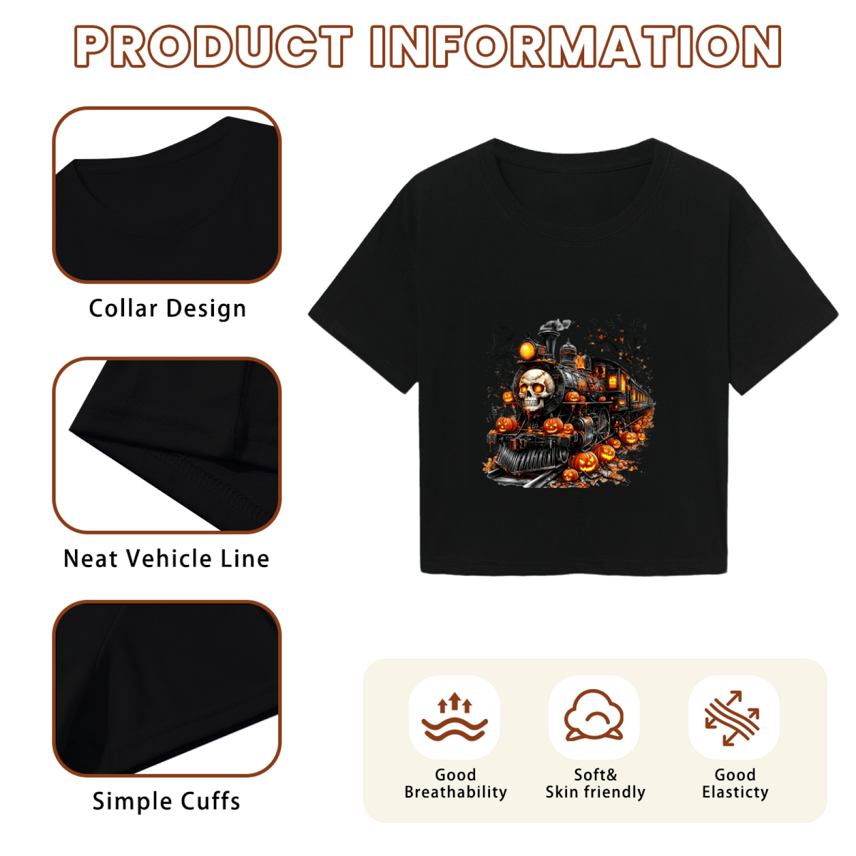 Spooky Skull Ghost Train Halloween Pumpkin Cropped Tee product image 6