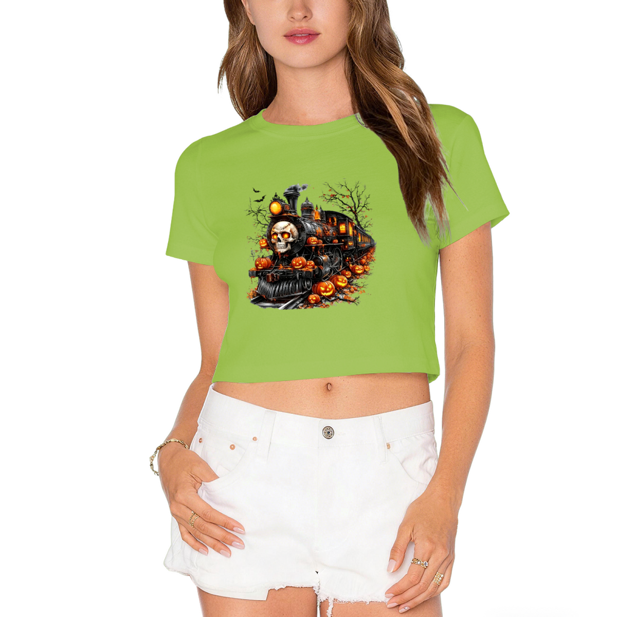 Spooky Skull Ghost Train Halloween Pumpkin Cropped Tee product image 12
