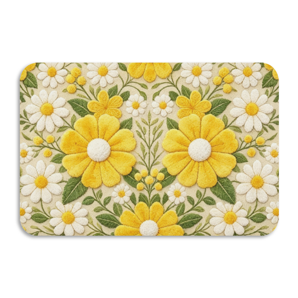 Embroidered Style Daisy Floral£üImitation Embroidery Yellow White Daisy Floral Diatomite Mat, Fresh Non?Slip Bathroom Entry Floor Rug