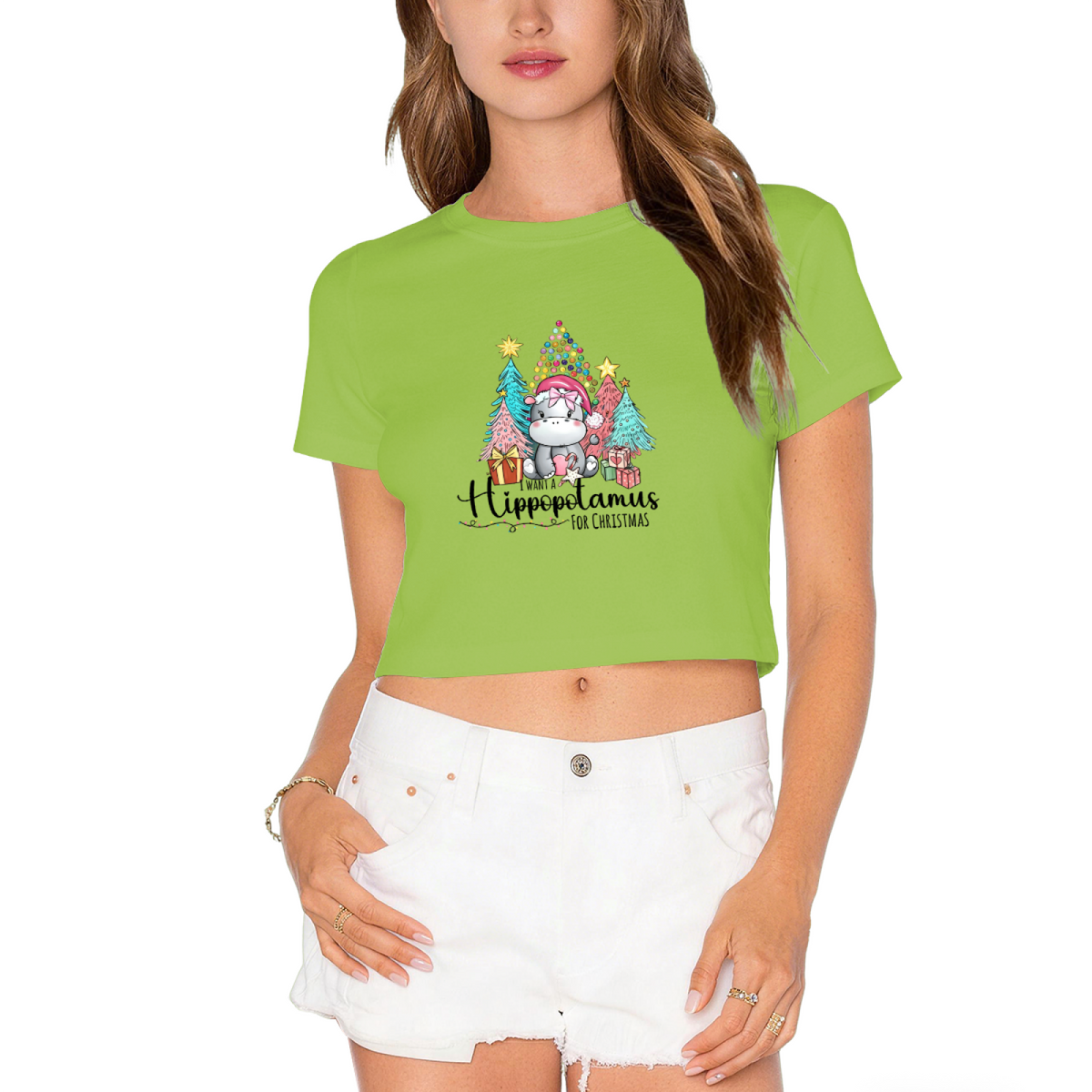 Cute Hippopotamus Christmas Tree X?mas Party Red Crop Tee product image 12