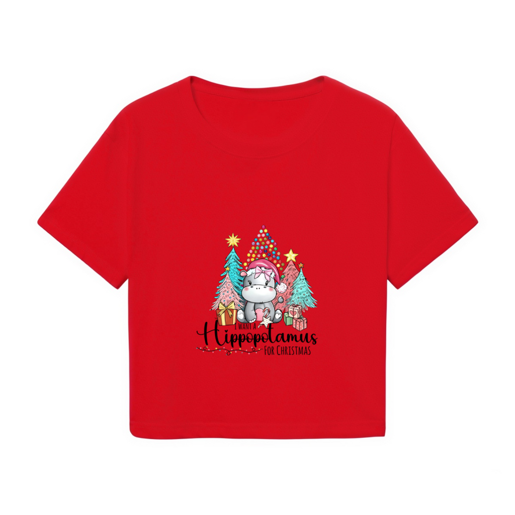 Cute Hippopotamus Christmas Tree X?mas Party Red Crop Tee product image 2