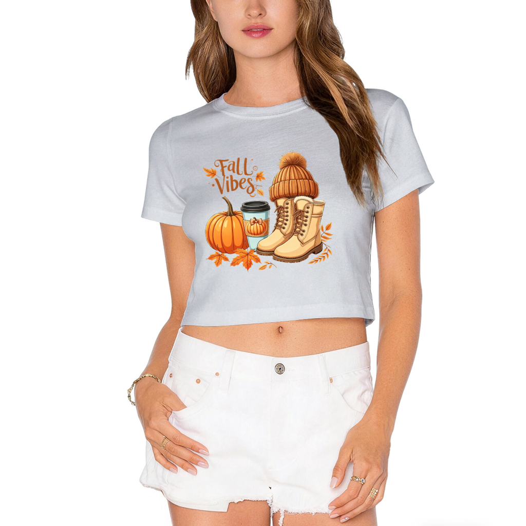 Fall Vibes Pumpkin Boots Coffee Autumn Season Cropped Tee product image 1