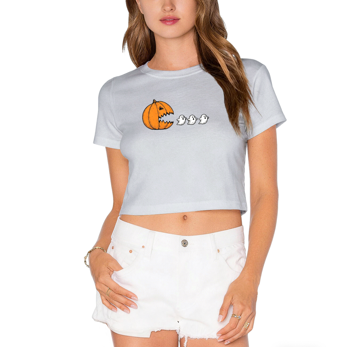 Funny Pumpkin Chasing Ghosts Halloween Crop Top product image 13
