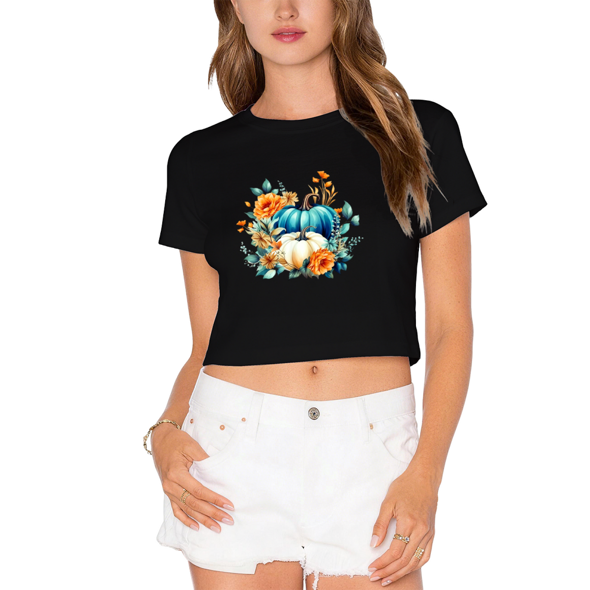 Teal & White Pumpkin Floral Autumn Vibes Cropped T?Shirt product image 9