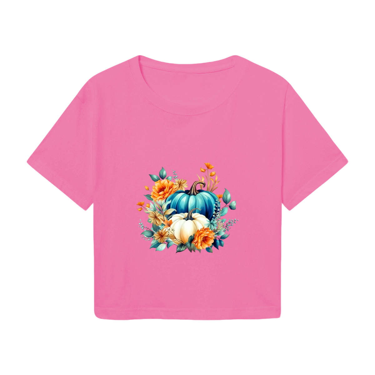 Teal & White Pumpkin Floral Autumn Vibes Cropped T?Shirt product image 2