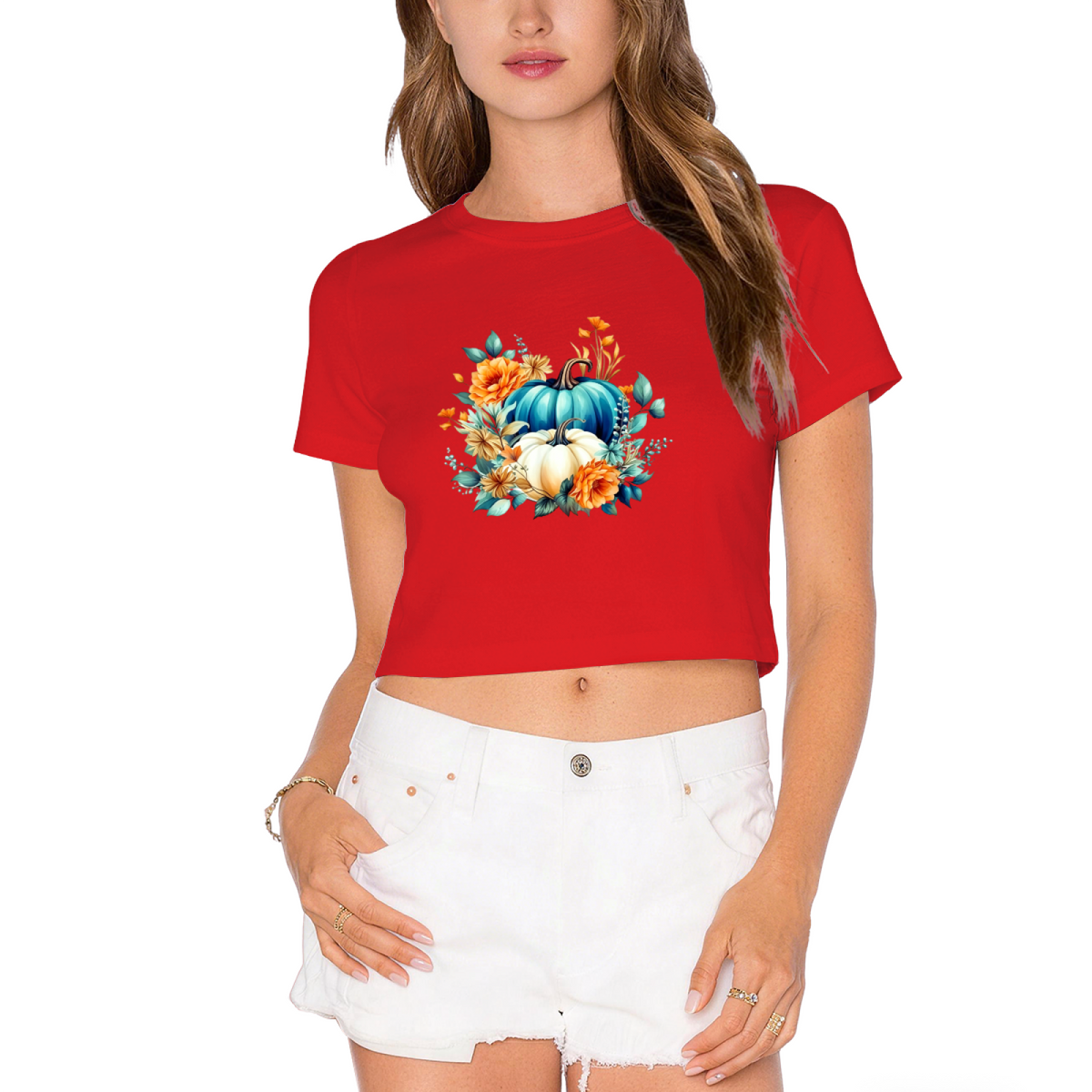 Teal & White Pumpkin Floral Autumn Vibes Cropped T?Shirt product image 11