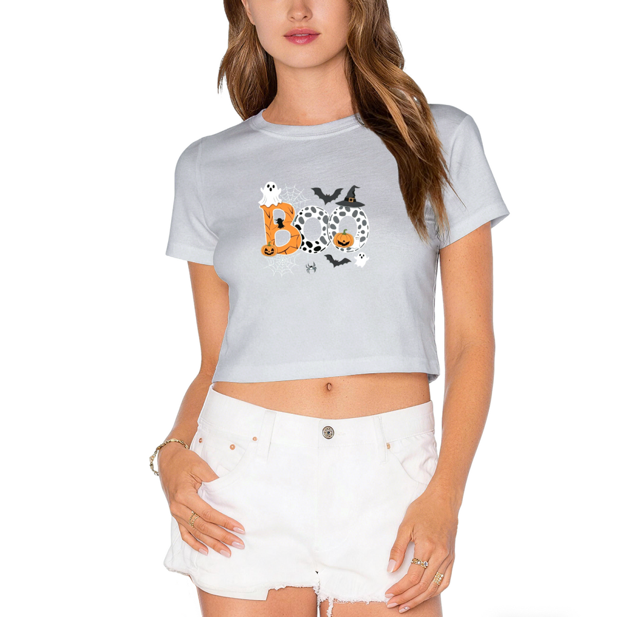 Patterned Boo Ghost Spider Web Halloween Cropped T?Shirt product image 13
