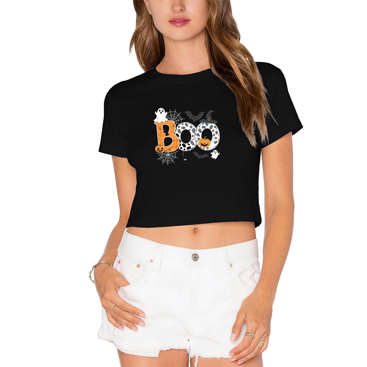 Patterned Boo Ghost Spider Web Halloween Cropped T?Shirt product image 9