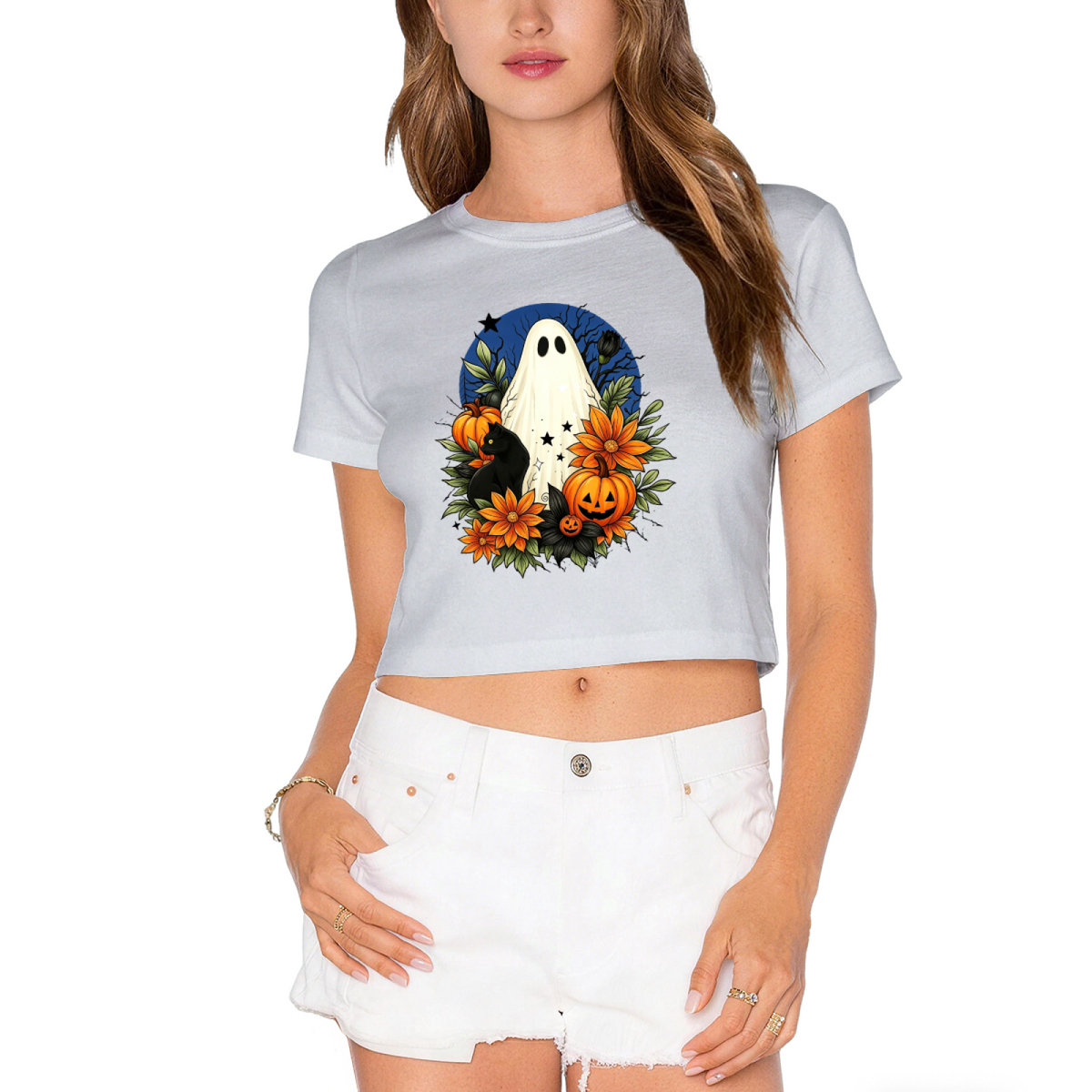 Floral Ghost Black Cat Spooky Halloween Cropped T?Shirt product image 13