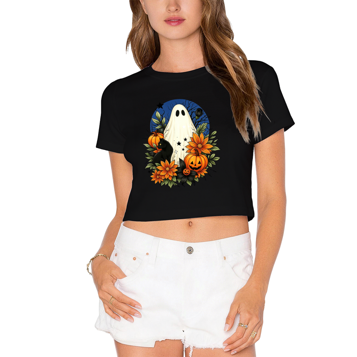 Floral Ghost Black Cat Spooky Halloween Cropped T?Shirt product image 1