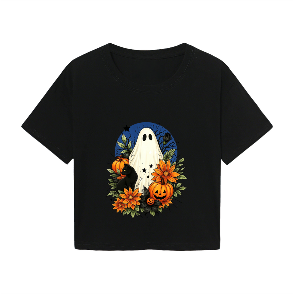 Floral Ghost Black Cat Spooky Halloween Cropped T?Shirt product image 2