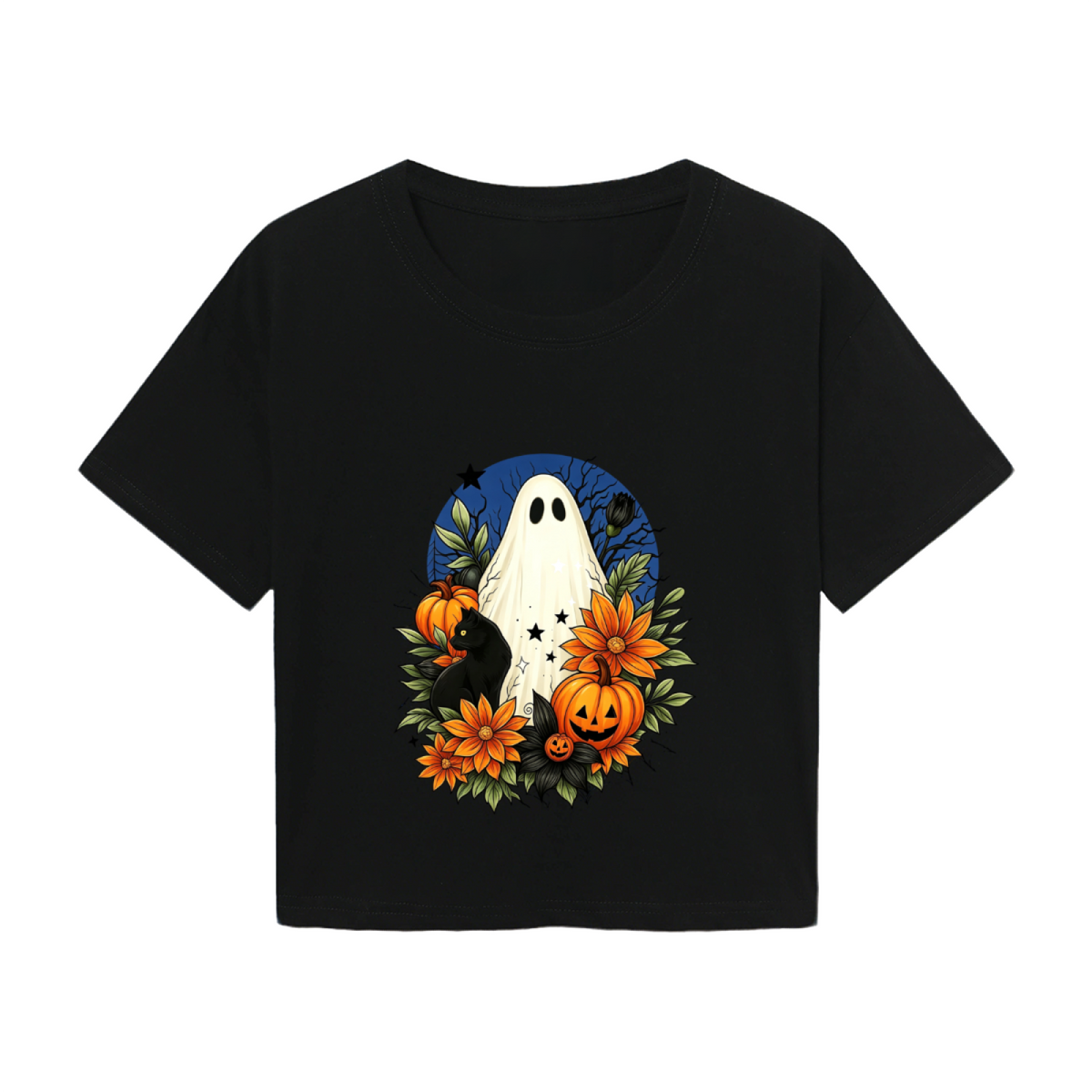 Floral Ghost Black Cat Spooky Halloween Cropped T?Shirt product image 2