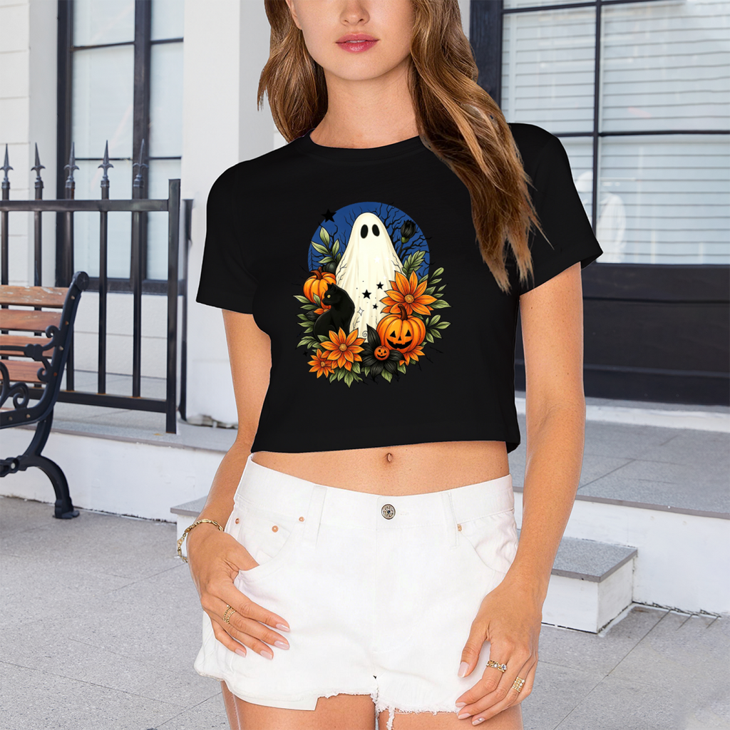 Floral Ghost Black Cat Spooky Halloween Cropped T?Shirt product image 4