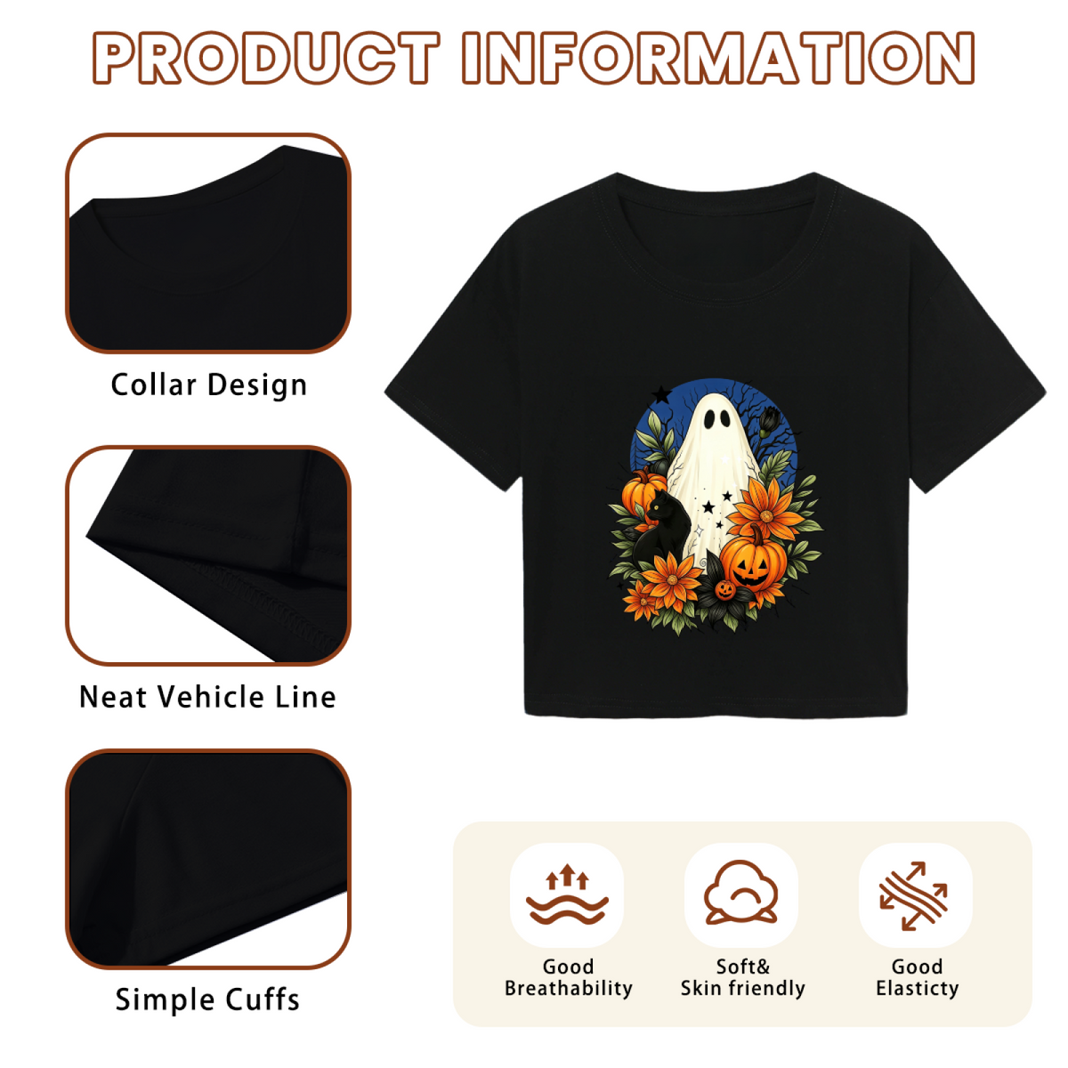 Floral Ghost Black Cat Spooky Halloween Cropped T?Shirt product image 6
