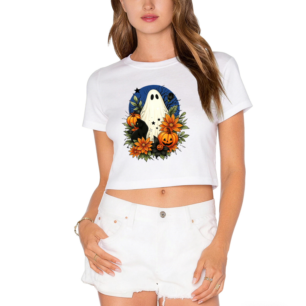 Floral Ghost Black Cat Spooky Halloween Cropped T?Shirt product image 9