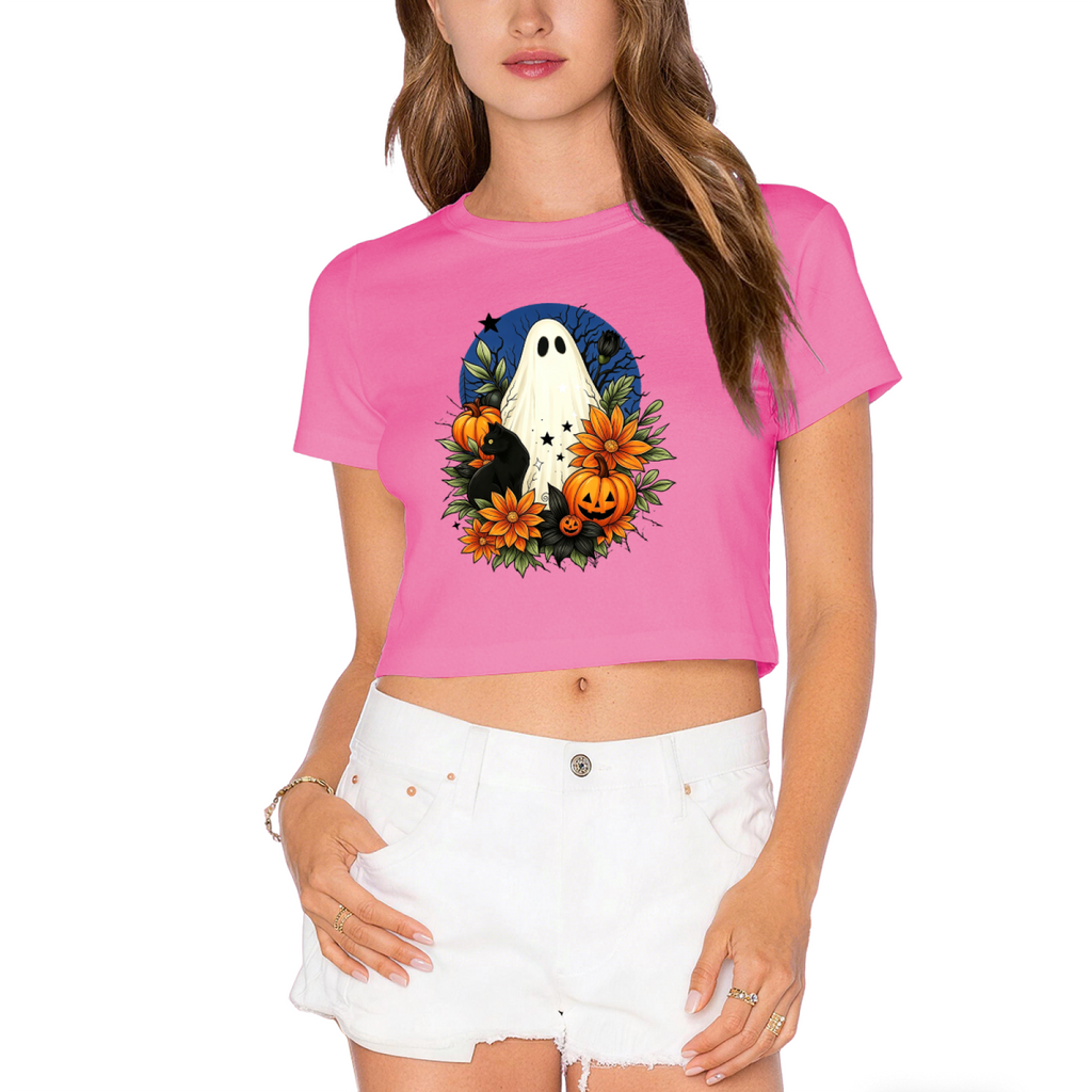 Floral Ghost Black Cat Spooky Halloween Cropped T?Shirt product image 11