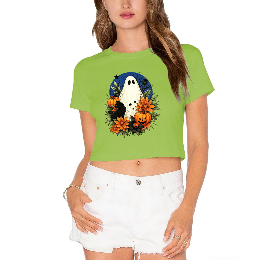 Floral Ghost Black Cat Spooky Halloween Cropped T?Shirt product image 12