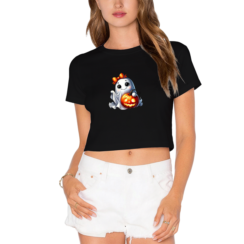 Adorable Bow Ghost With Pumpkin Halloween Crop Top product image 9