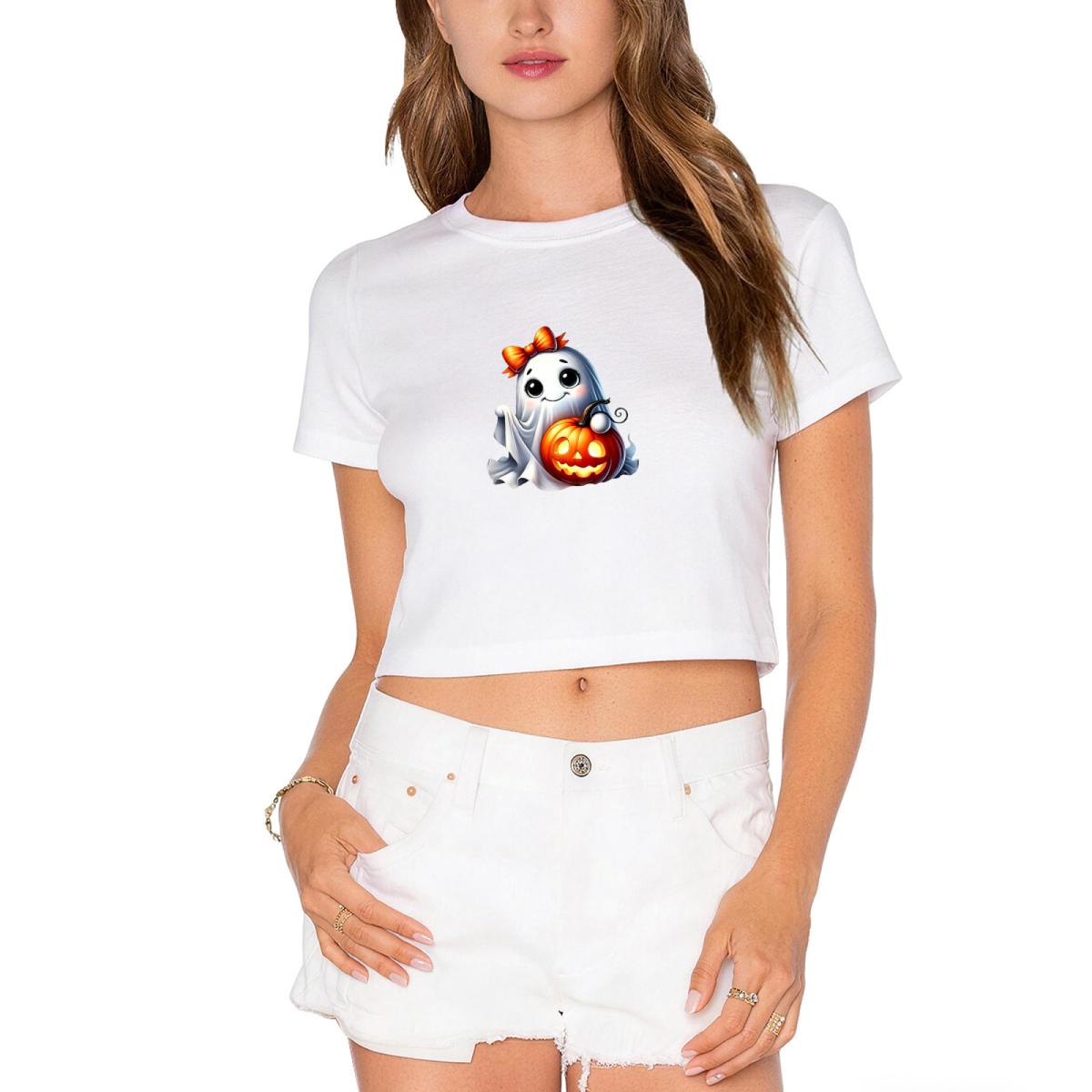 Adorable Bow Ghost With Pumpkin Halloween Crop Top product image 10