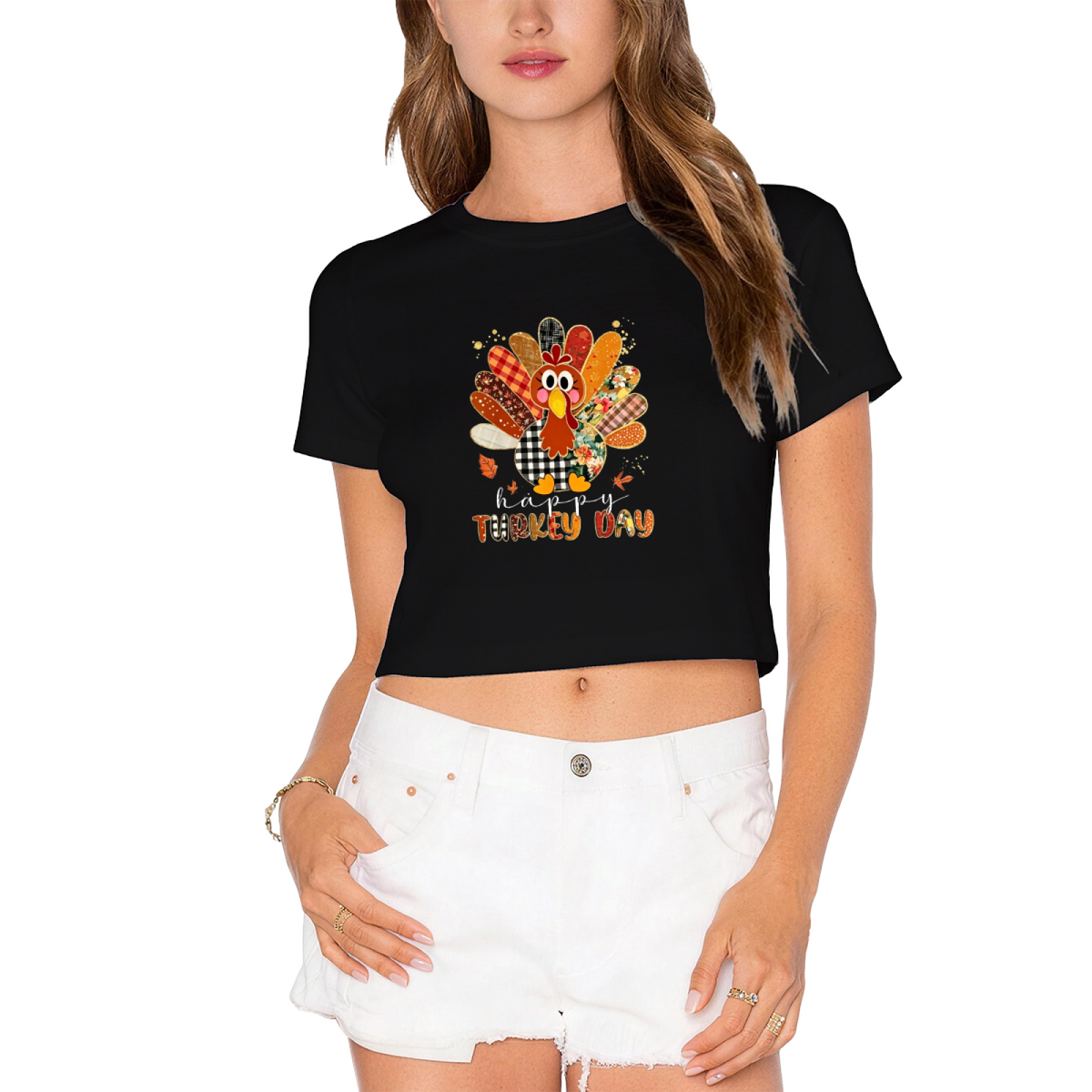 Happy Turkey Day Patchwork Style Thanksgiving Cropped Tee product image 9