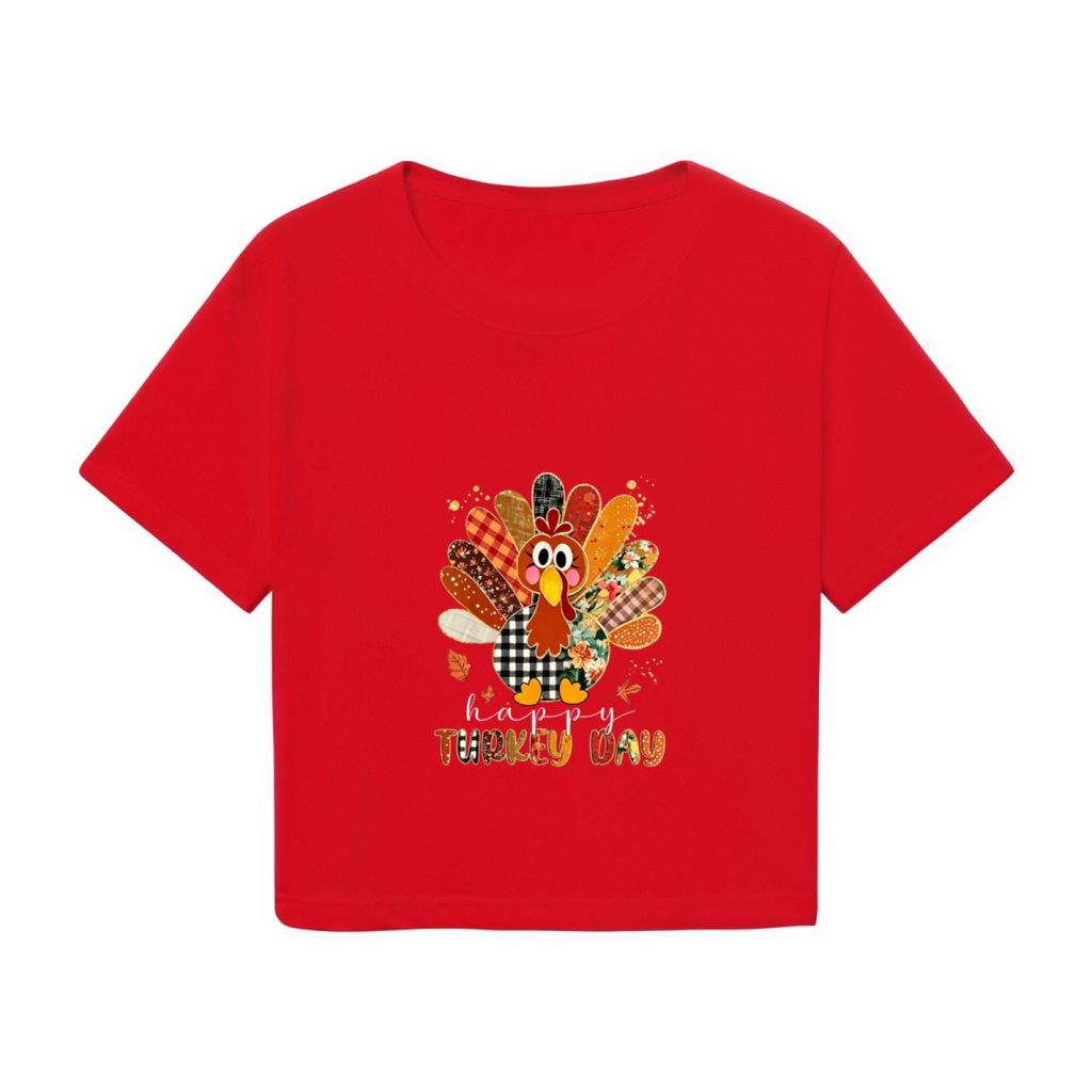 Happy Turkey Day Patchwork Style Thanksgiving Cropped Tee product image 2