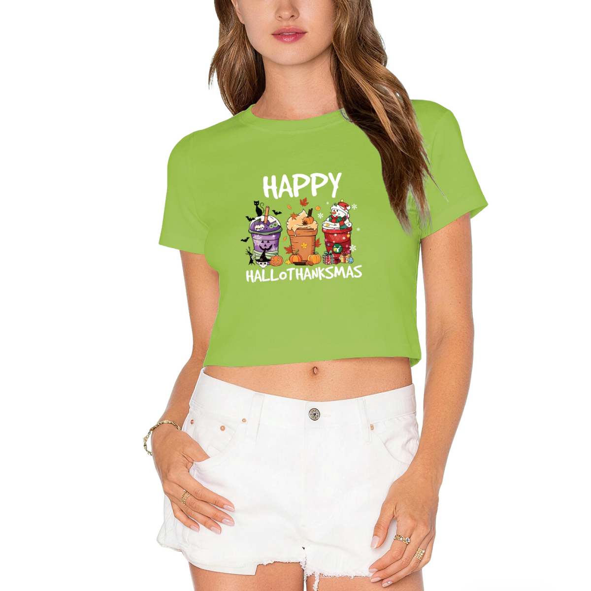 Happy Hallothanksmas Festive Drink Cup Cropped T?Shirt