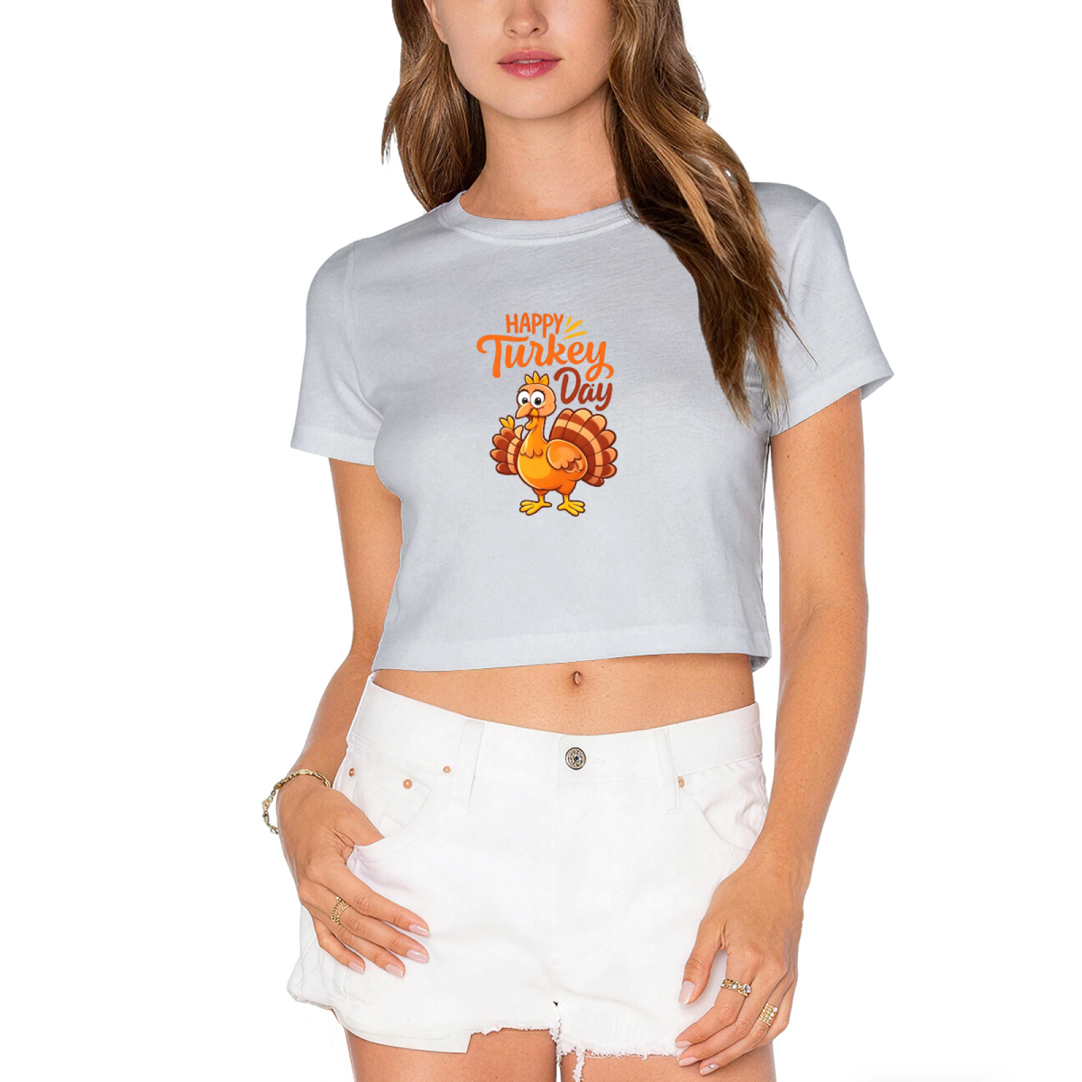 Happy Turkey Day Cute Cartoon Thanksgiving Cropped T?Shirt product image 1