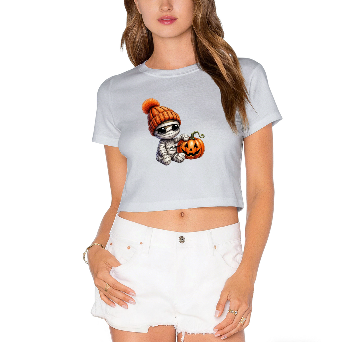 Cool Mummy Kid With Pumpkin Halloween Cropped Tee product image 1