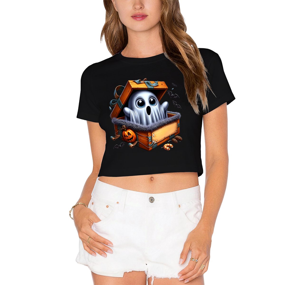Ghost Surprise In Treasure Box Halloween Cropped T?Shirt product image 9