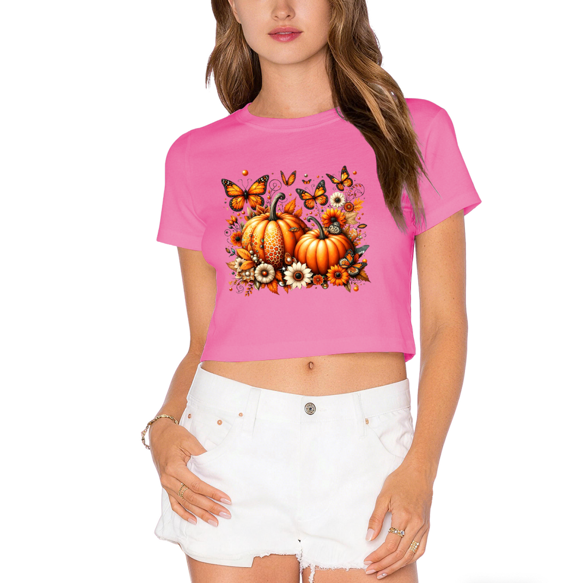 Fall Pumpkin Butterfly Floral Graphic Crop Top product image 11