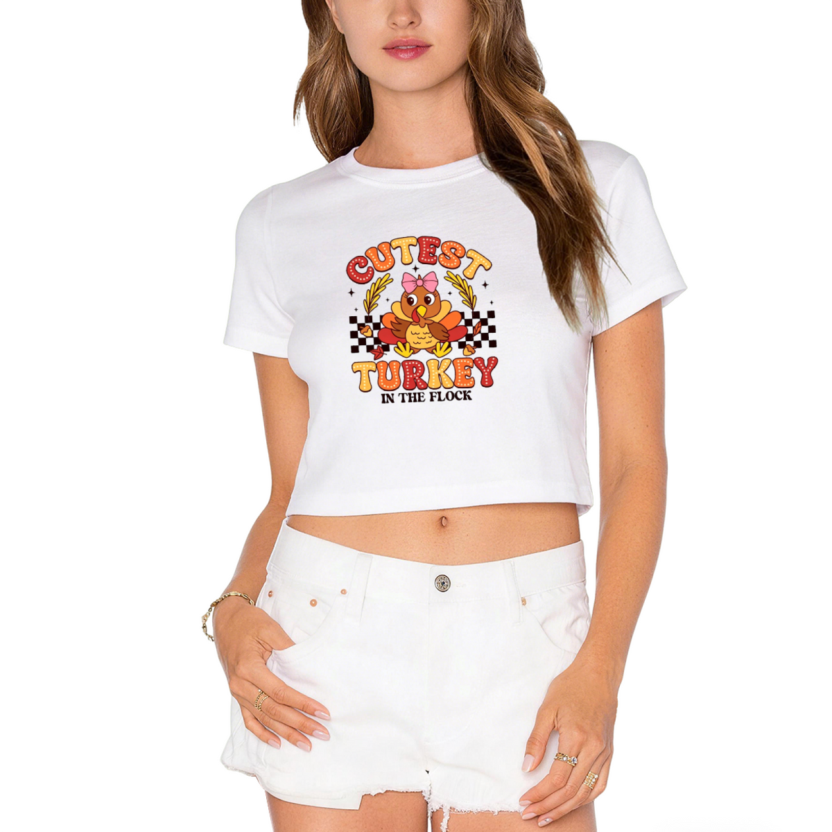Cutest Turkey In The Flock Fun Thanksgiving Cropped T?Shirt product image 10