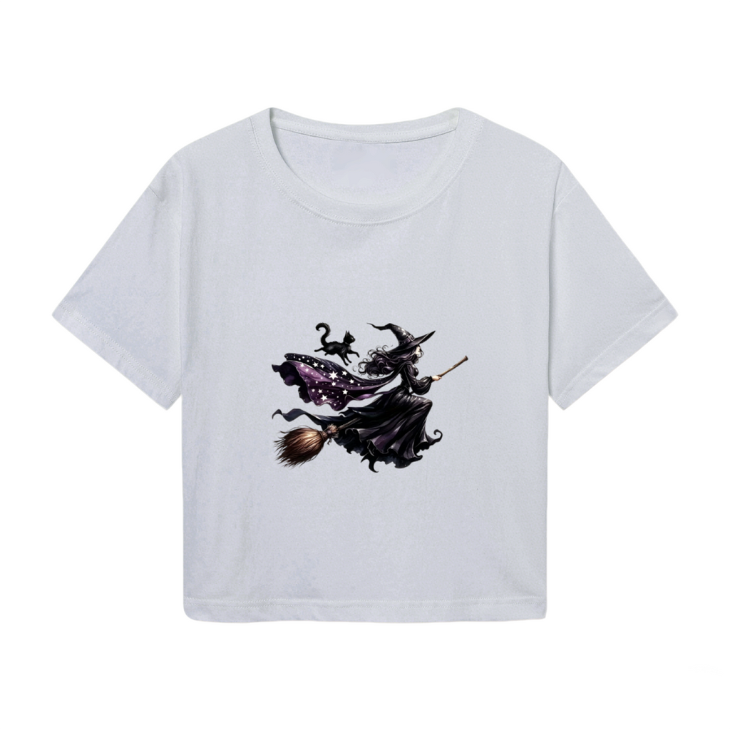 Flying Witch With Black Cat Spooky Halloween Crop Top product image 2