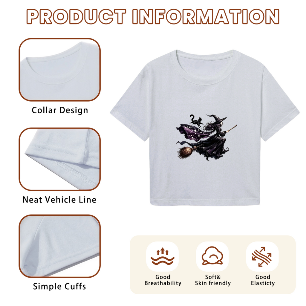 Flying Witch With Black Cat Spooky Halloween Crop Top product image 6