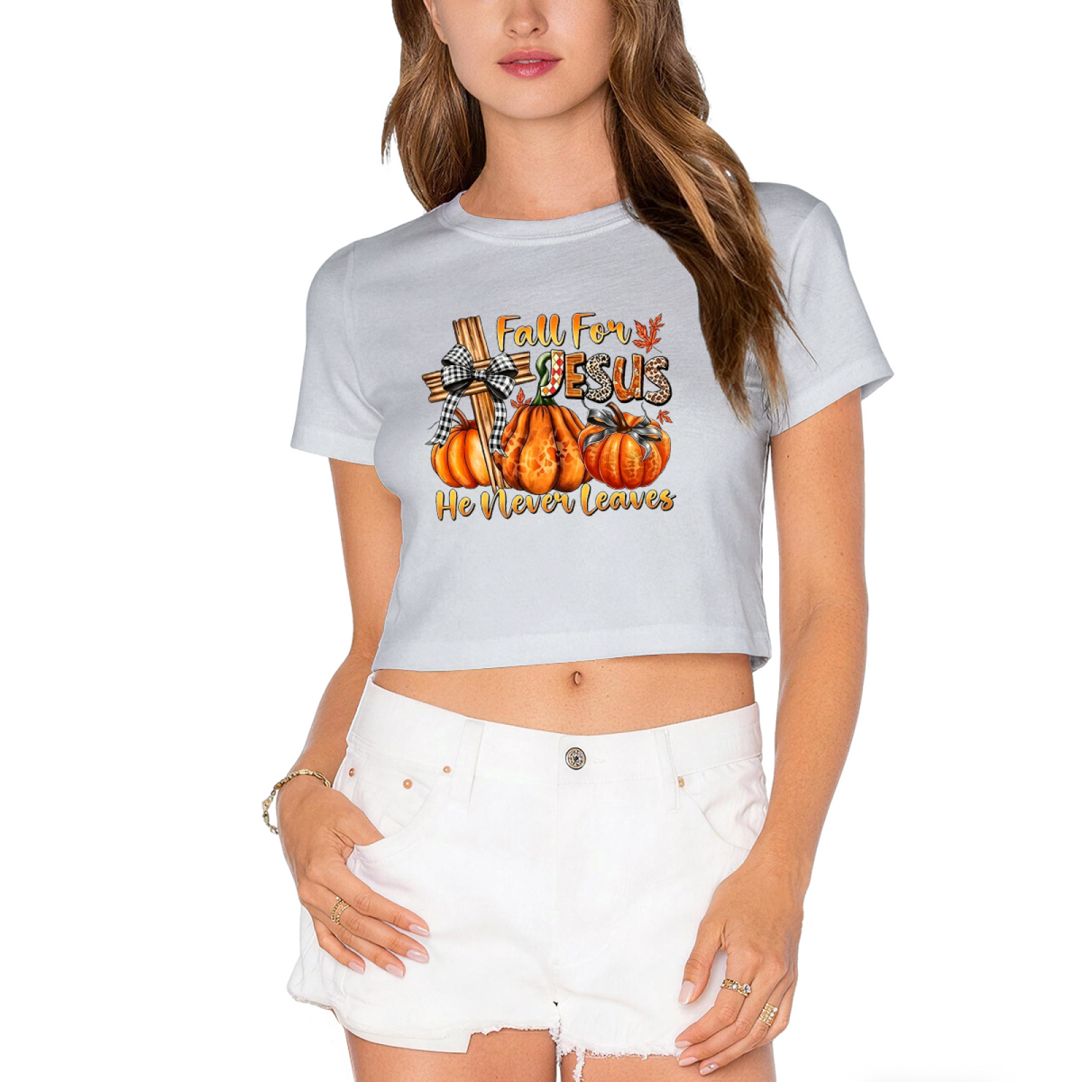 Fall For Jesus He Never Leaves Autumn Faith Cropped T?Shirt product image 13
