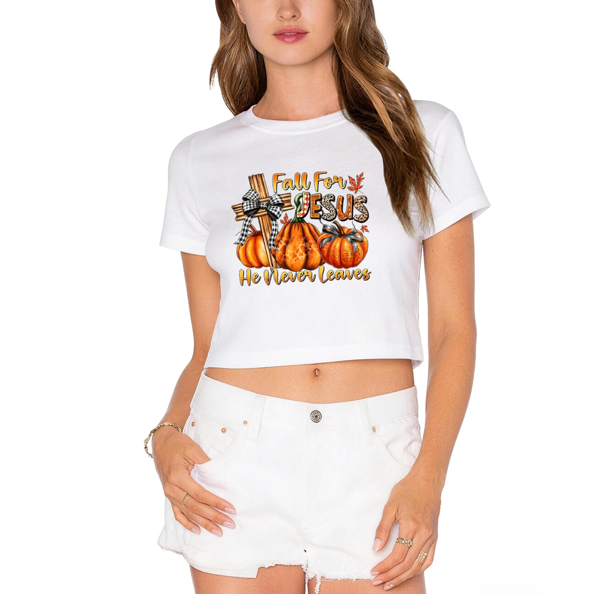 Fall For Jesus He Never Leaves Autumn Faith Cropped T?Shirt product image 10