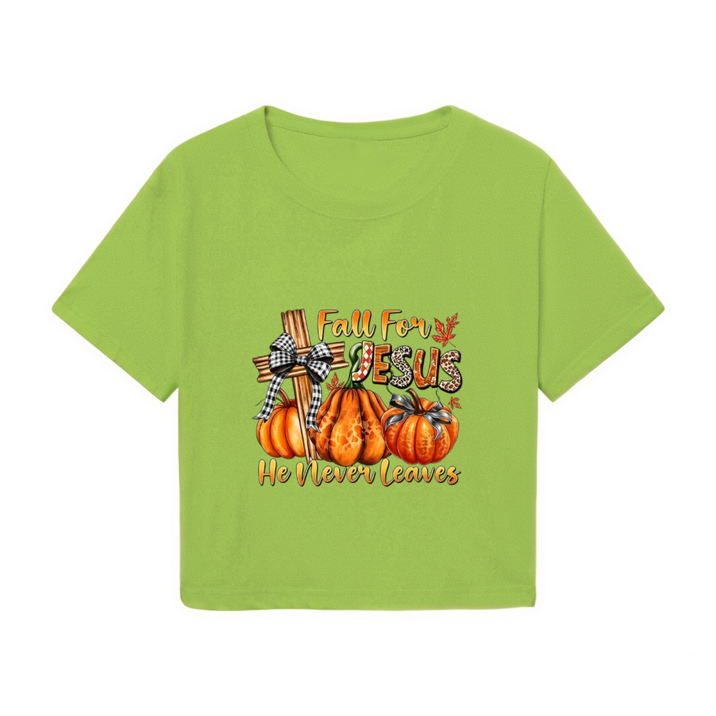 Fall For Jesus He Never Leaves Autumn Faith Cropped T?Shirt product image 2