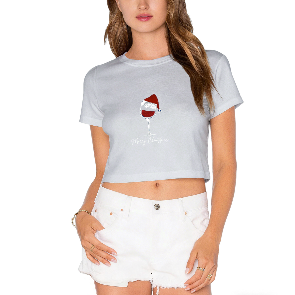Santa Hat Wine Glass Merry Christmas Cute Holiday Crop Tee