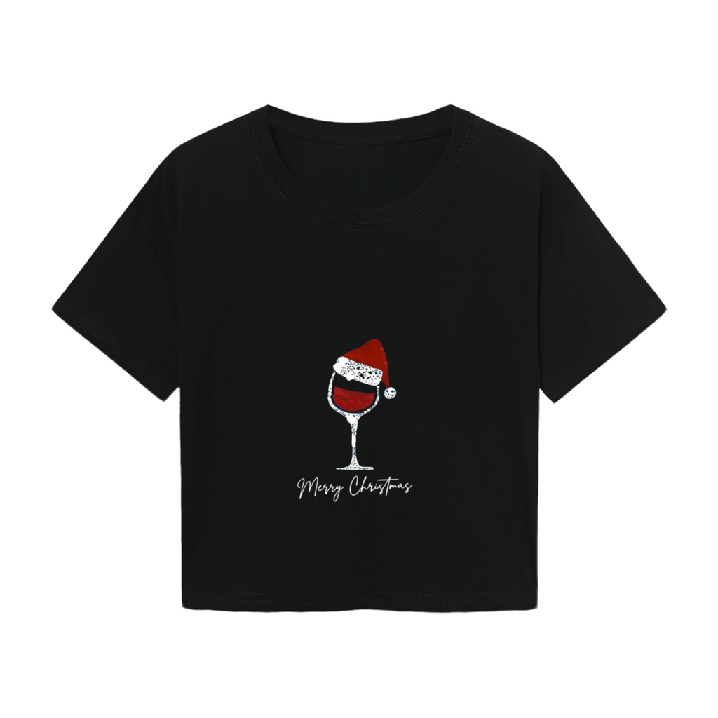 Santa Hat Wine Glass Merry Christmas Cute Holiday Crop Tee
