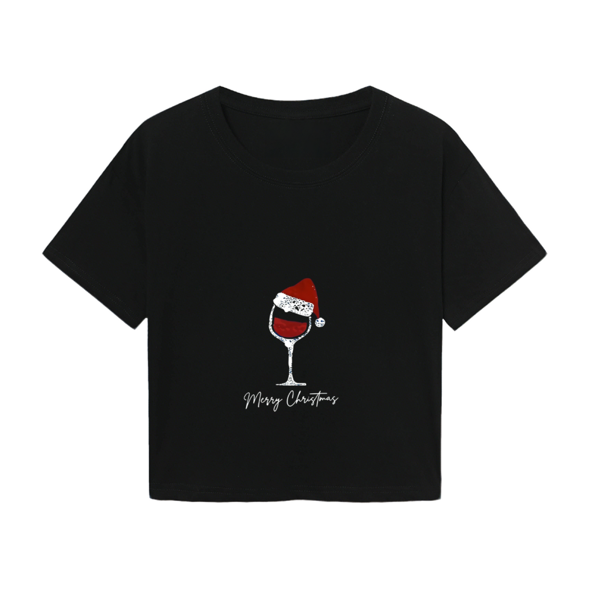 Santa Hat Wine Glass Merry Christmas Cute Holiday Crop Tee