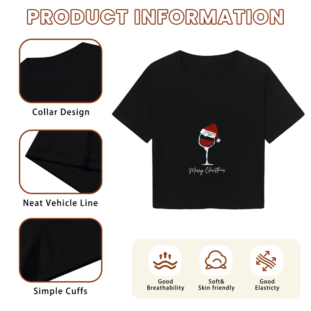 Santa Hat Wine Glass Merry Christmas Cute Holiday Crop Tee
