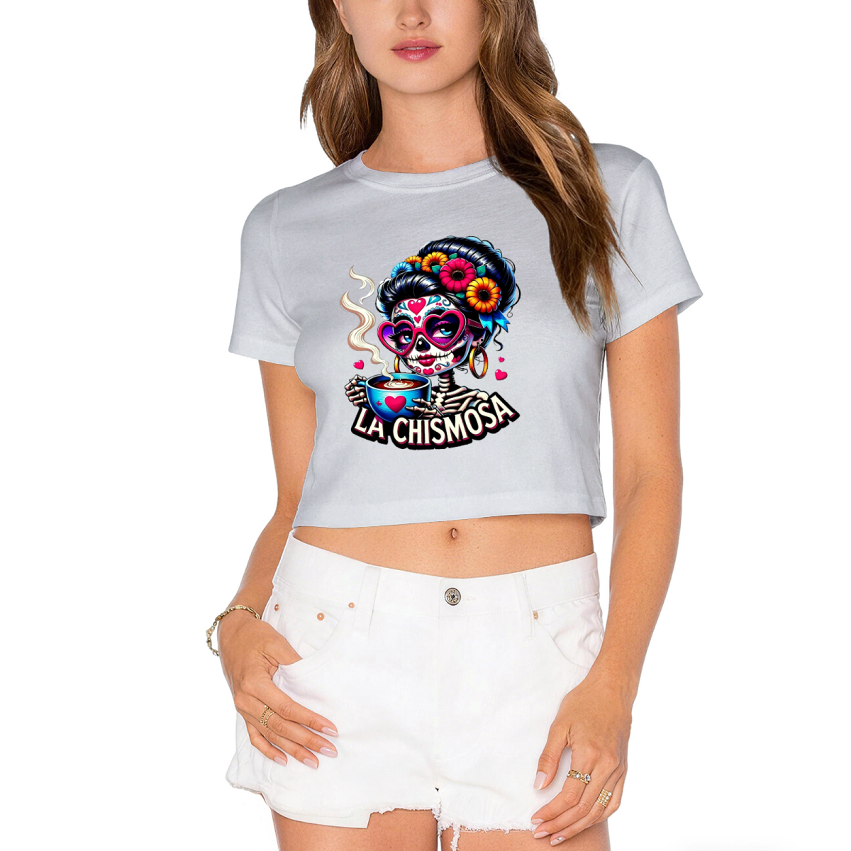 La Chismosa Sugar Skull Lady Drinking Coffee Fall Crop Top product image 13