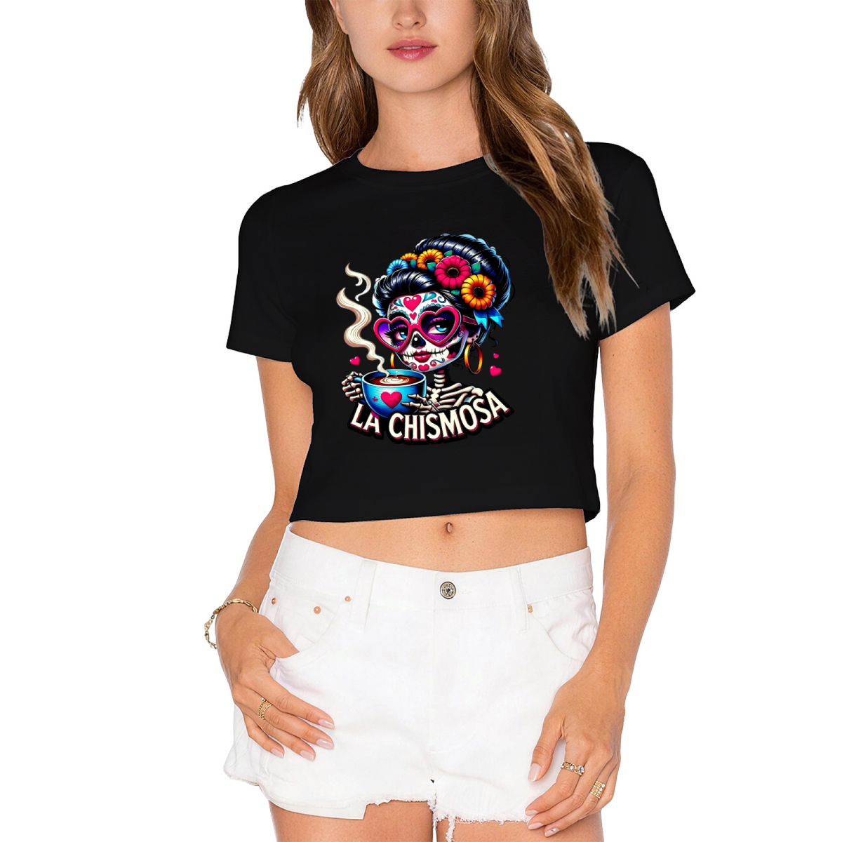 La Chismosa Sugar Skull Lady Drinking Coffee Fall Crop Top product image 1