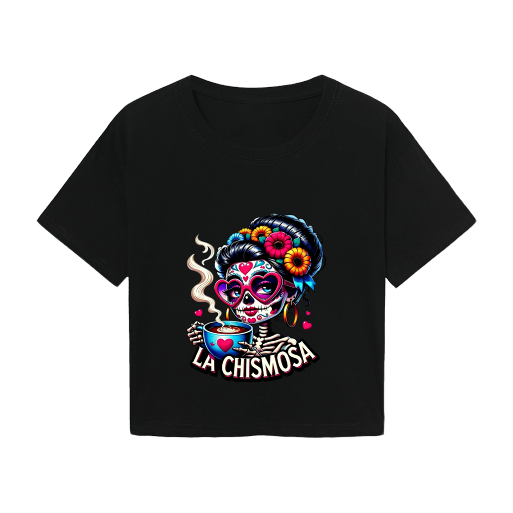 La Chismosa Sugar Skull Lady Drinking Coffee Fall Crop Top product image 2