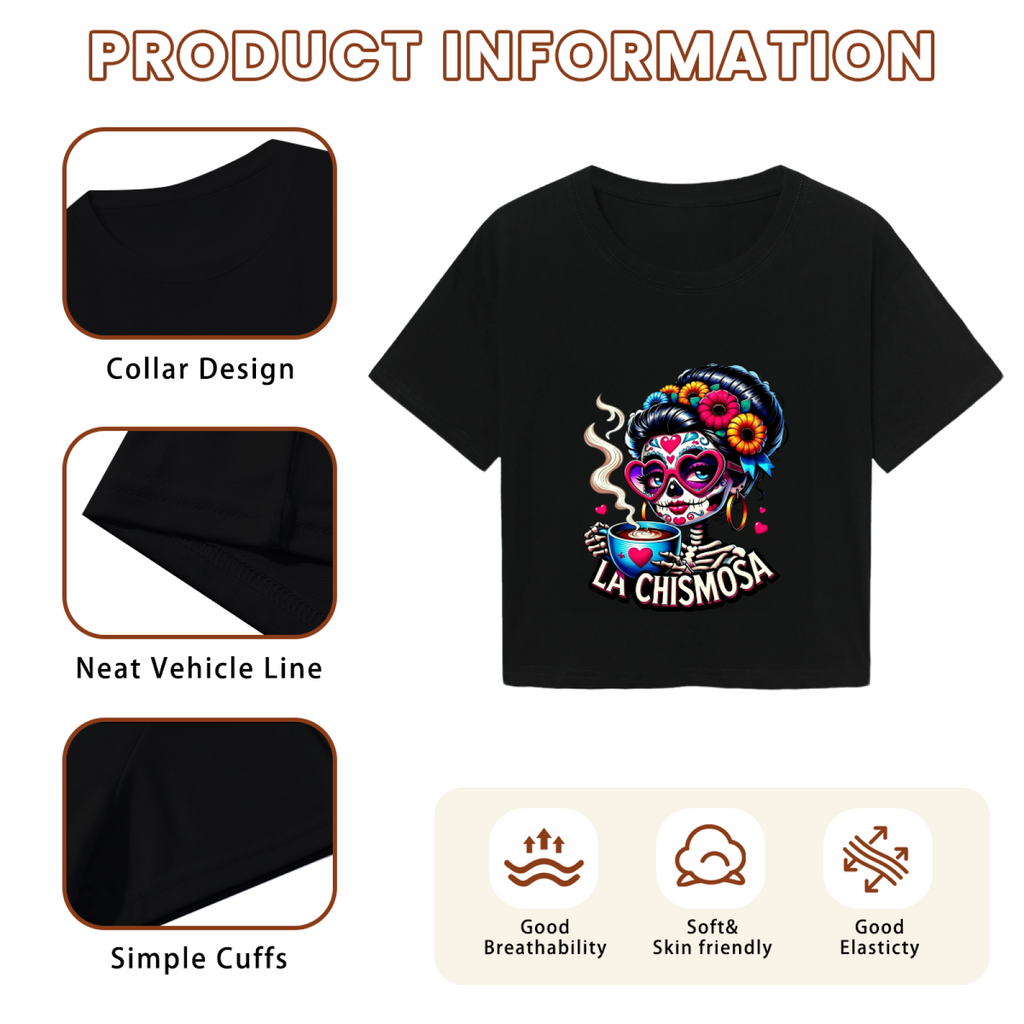 La Chismosa Sugar Skull Lady Drinking Coffee Fall Crop Top product image 6
