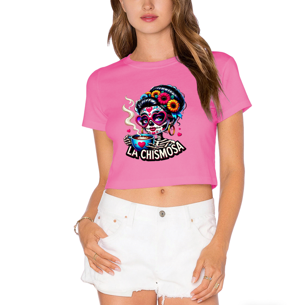 La Chismosa Sugar Skull Lady Drinking Coffee Fall Crop Top product image 11