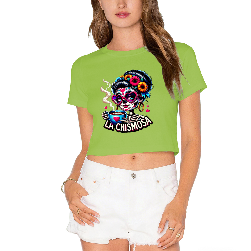 La Chismosa Sugar Skull Lady Drinking Coffee Fall Crop Top product image 12