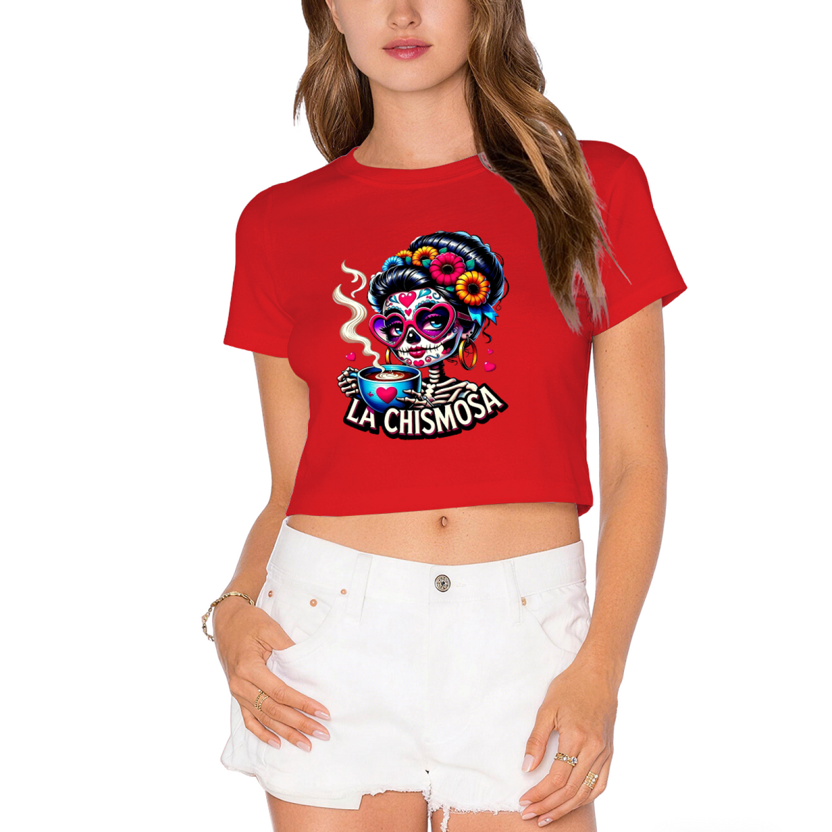La Chismosa Sugar Skull Lady Drinking Coffee Fall Crop Top product image 10