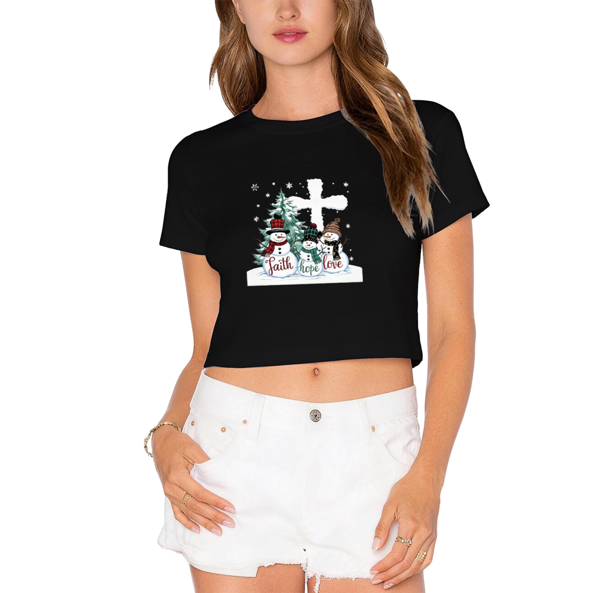 Faith Hope Love Snowman Cross Christmas Holiday Crop Tee product image 1
